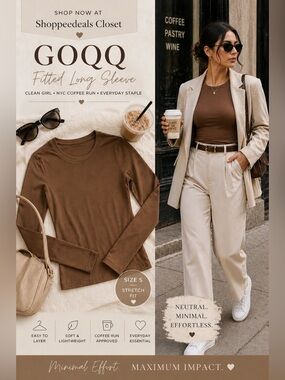 GOQQ Brown Fitted Long Sleeve Top Size S Neutral Minimalist Basic